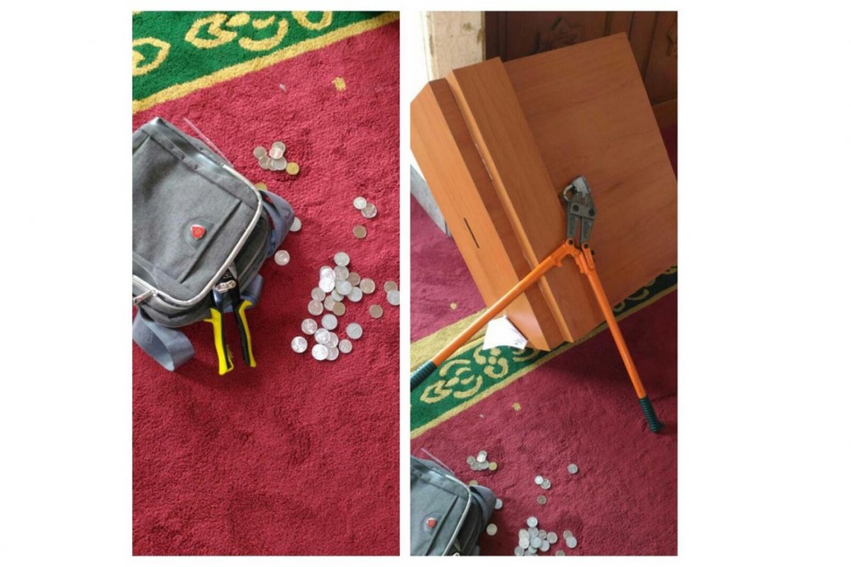 Barang bukti yang ditinggalkan pelaku upaya pencurian kotak amal Masjid Al Hidayah di Komplek Pamulang Permai 1, Tangerang Selatan.