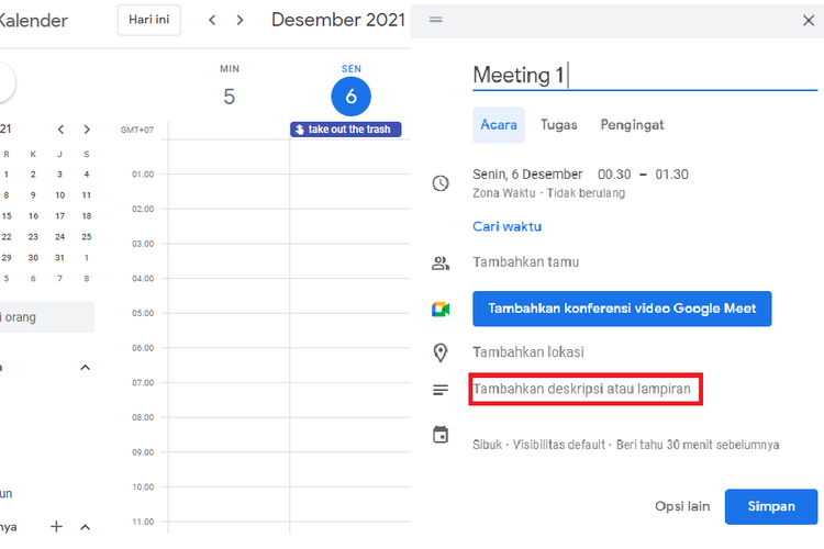 Cara membuat catatan dan melampirkan file di Google Calendar.