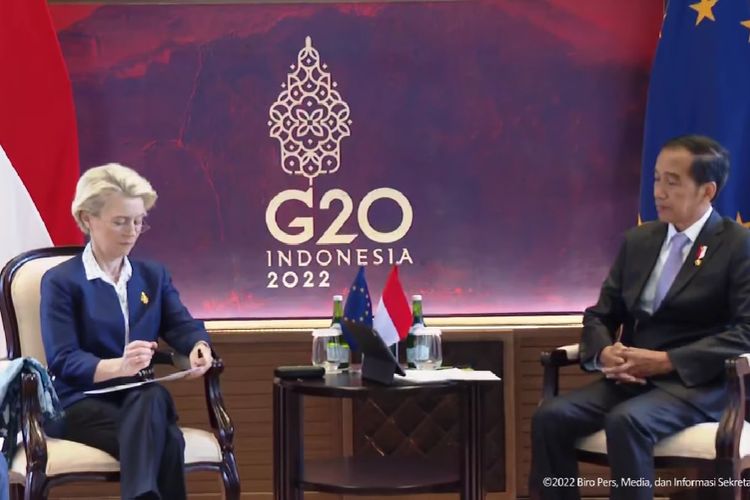 Presiden Joko Widodo melakukan pertemuan bilateral dengan Presiden Komisi Eropa Ursula von der Leyen di Bali, Senin (14/11/2022).