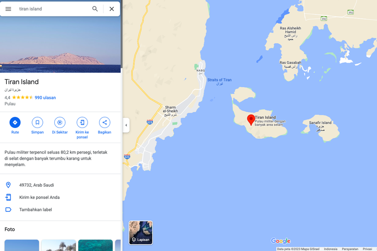 Lokasi Pulau Tiran dan Sanafir milik Arab Saudi di Laut Merah yang akan dibangun kasino dan hotel untuk wisatawan Israel