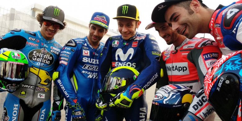 Para pebalap berkebangsaan Italia, Franco Morbidelli, Andrea Iannone, Valentino Rossi, Andrea Dovizioso, dan Danilo Petrucci.