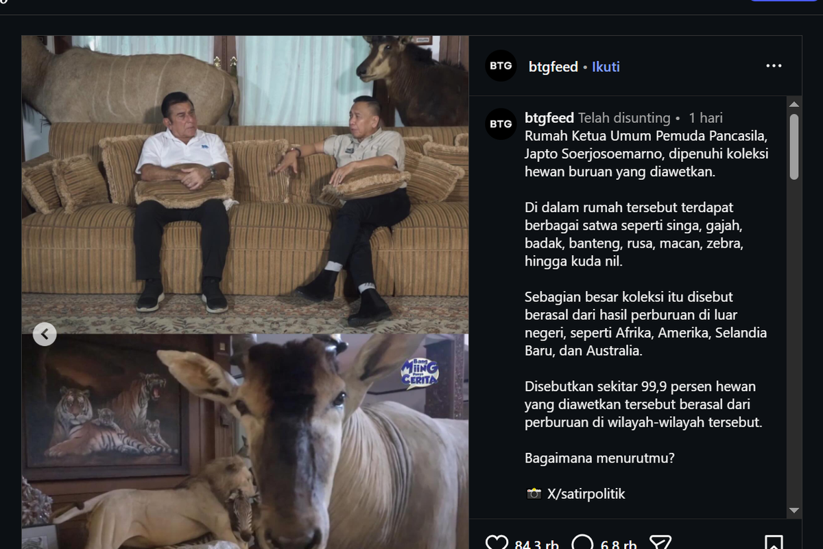 Koleksi Hewan Awetan di Rumah Japto Soerjosoemarno Jadi Sorotan Warganet