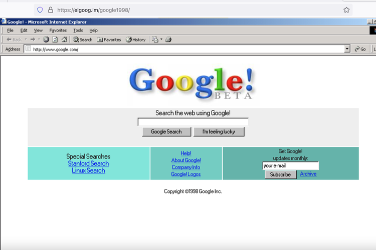 Easter egg Google dengan animasi tampilan halaman Google.com di tahun 1998.