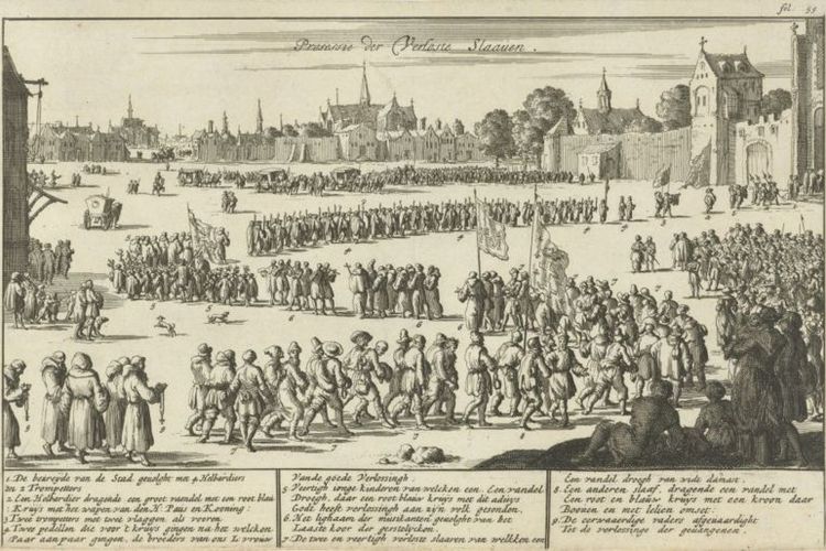 Prosesi pertukaran atau perdagangan budak di Amsterdam, Belanda, karya seniman Jan Luyken (1684).