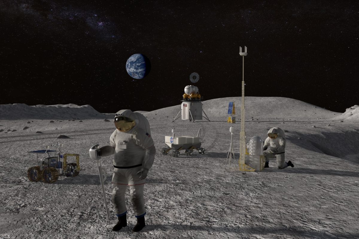 Ilustrasi astronot NASA dalam misi Artemis yang akan kembali ke Bulan pada tahun 2024 mendatang. Akibat wabah virus corona, pembuatan roket atau wahana antariksa, Orion harus ditunda.