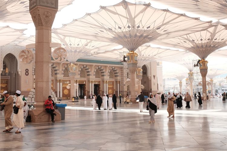 Ilustrasi alur penggunaan tasreh jemaah haji untuk masuk Raudhah di Masjid Nabawi.