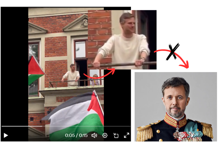 Perbandingan tangkapan layar dan foto, pria mengibarkan bendera di balkon saat aksi pro-Palestina dan Raja Denmark Frederik X.