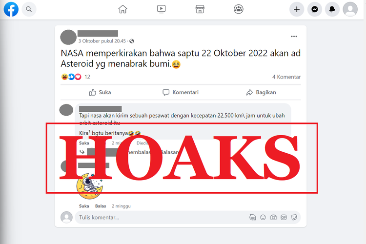 Tangkapan layar unggahan dengan narasi hoaks di sebuah akun Facebook, Senin (3/10/2022), yang menyebut bahwa akan ada asteroid yang menabrak Bumi pada 22 Oktober 2022.