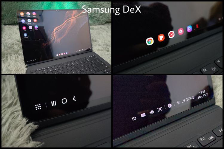Tampilan Galaxy Tab S8 Ultra dalam model Samsung DeX ditambah dengan Book Cover Keyboard, membuat tablet ini semakin mirip dengan laptop. Hal ini terlihat dari tampilan layar yang memiliki menu aplikasi di sisi kiri bawah, taskbar di sisi tengah bawah, dan pengaturan lain di sisi kanan bawah layar.