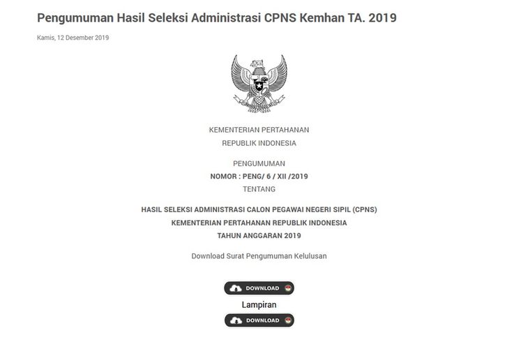 Tangkapan layar dari hasil seleksi administrasi CPNS 2019 Kementerian Pertahanan (Kemhan).