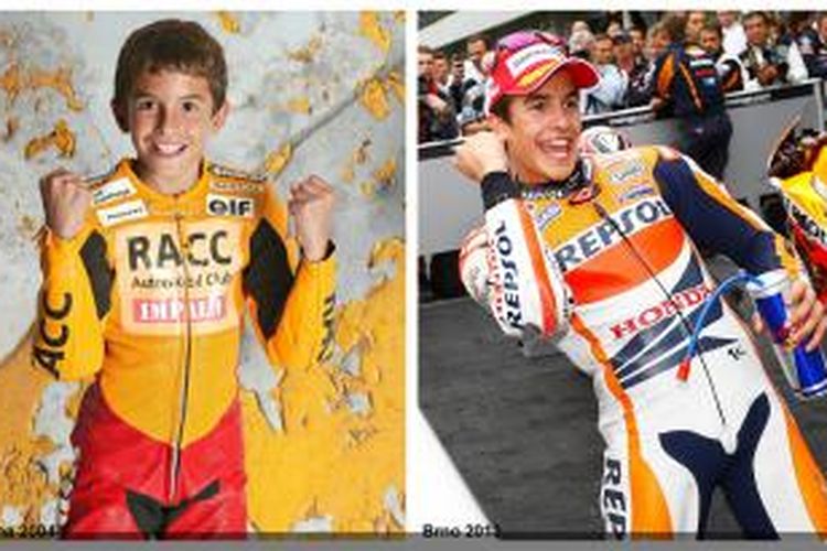 Marc Marquez pada Barcelona 2004 (kiri) dan Brno 2013