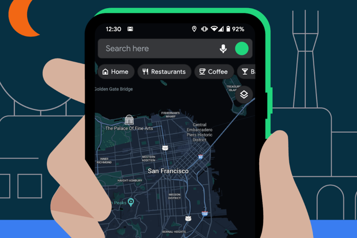 Ilustrasi Google Maps Dark Mode.