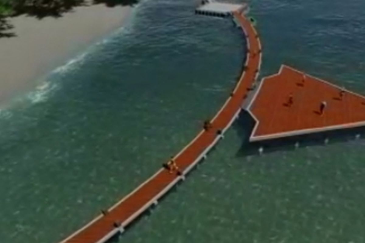 Desain Jembatan Panah Asmara yang sedang di bangun di Pulau Tidung, Kepulauan Seribu