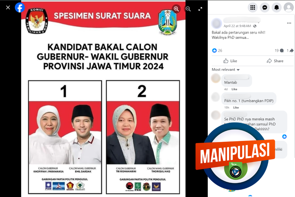 Tangkapan layar di sebuah akun Facebook, Senin (22/4/2024), soal manipulasi spesimen surat suara cagub dan cawagub dalam Pilkada Jatim 2024.