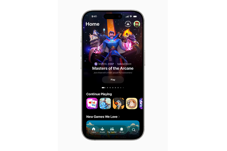 Ilustrasi aplikasi Games App di iOS 26 untuk mengelola semua aplikasi game di iPhone.
