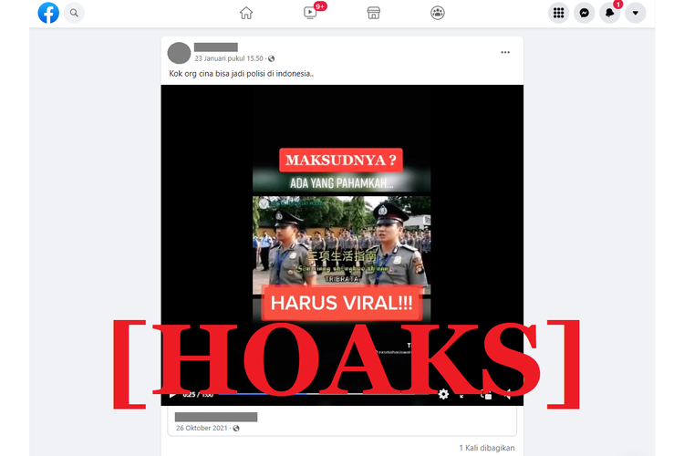 Tangkapan layar unggahan hoaks di sebuah akun Facebook, tentang video polisi berbahasa Mandarin yang diklaim sebagai warga negara China.