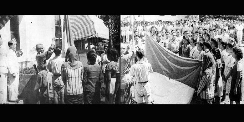 Foto karya Frans Mendur yang mengabadikan detik-detik proklamasi Indonesia di Jalan Pegangsaan Timur Nomor 56, Cikini, Jakarta, 17 Agustus 1945. Kiri, pengibaran bendera Merah Putih oleh Latief Hendraningrat, anggota PETA (Pembela Tanah Air). Kanan, suasana upacara dan para pemuda yang menyaksikan pengibaran bendera.