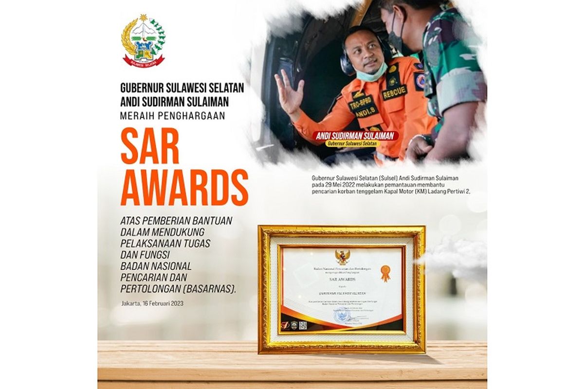 Gubernur Sulawesi Selatan (Sulsel) Andi Sudirman Sulaiman menerima penghargaan SAR Awards dari Badan Nasional Pencarian dan Pertolongan (BNPP/Basarnas).