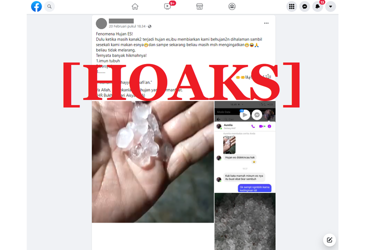 Tangkapan layar unggahan hoaks di sebuah akun Facebook, yang menyebut bahwa mengkonsumsi hujan es bisa meningkatkan imunitas.