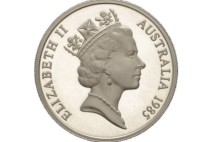 Koin perak Australia dari tahun 1985 bergambar Ratu Elizabeth yang lebih baru.