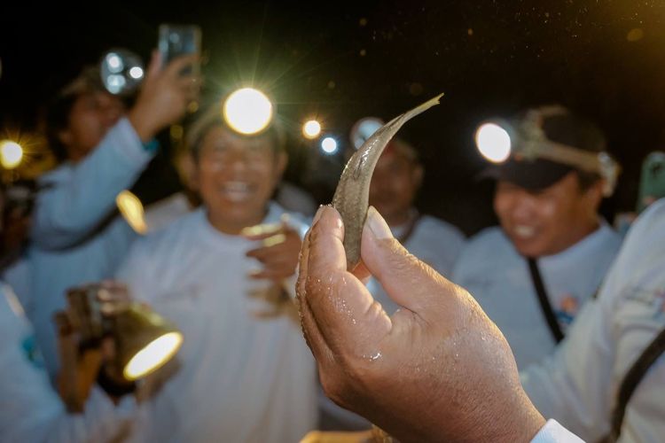 Menparekraf Sandiaga Uno mencoba salah satu aktivitas malam masyarakat sekitar Pantai Tanjung Pendam yaitu Nyulo, sebuah aktivitas mencari ikan, udang, dan kepiting pada saat event Pesona Belitung Beach Festival, Belitung, Jumat (2/6/2023).