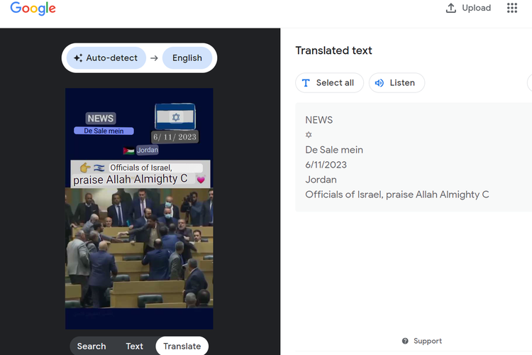 Tangkapan layar pencarian gambar di Google Lens, menampilkan hasil terjemahan teks video yang mengaitkan dengan pejabat Israel.