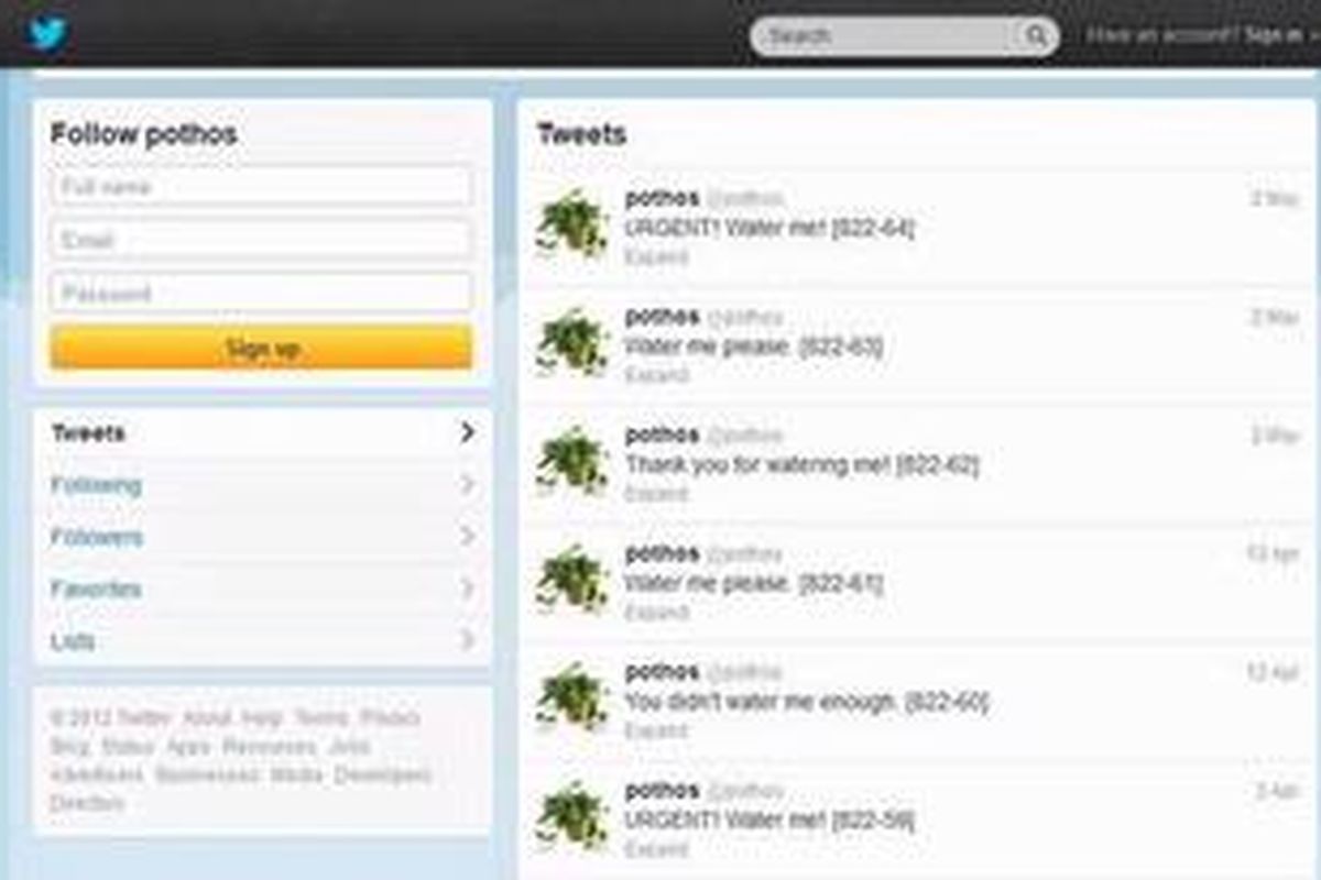 Jika level air dalam pot terlalu rendah, tanaman Anda akan mengirimkan sebuah posting ke dalam akun Twitter-nya untuk dilihat oleh Anda.