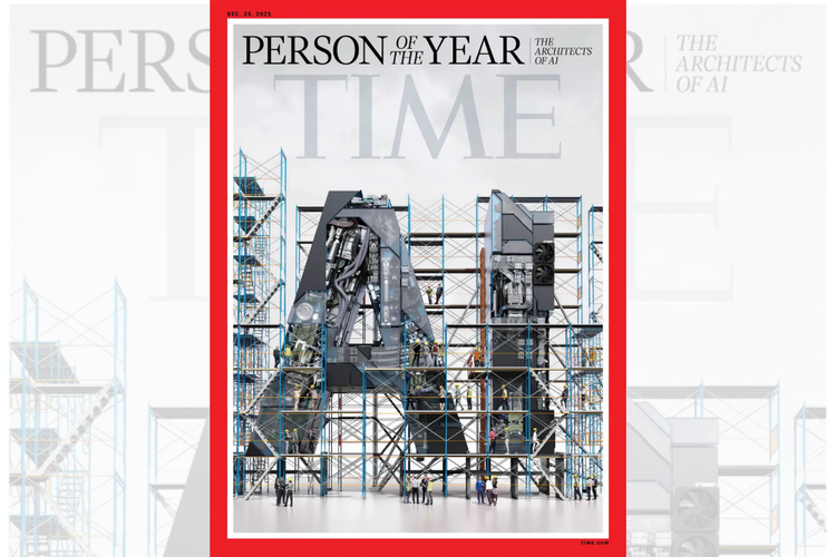 Ilustrasi huruf AI pada sampul Majalah Time edisi Person of the Year 2025.
