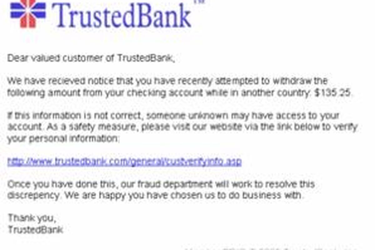 Salah satu email phising yang mengarahkan korban untuk menge-klik alamat tertentu yang disiapkan pelaku.