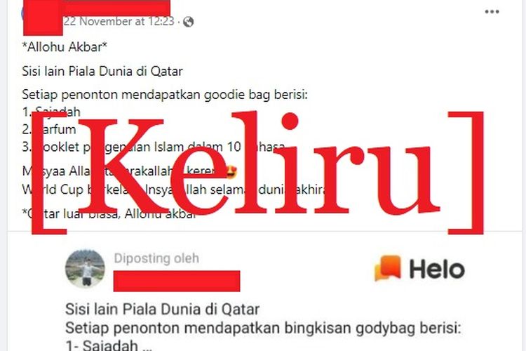 Tangkapan layar Facebook narasi yang menyebut bahwa goodie bag Piala Dunia Qatar berisi sajadah, parfum dan booklet pengenalan Islam