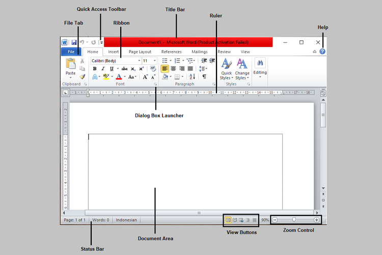 Tampilan Microsoft Word yang terdiri dari beberapa bagian atau bar.