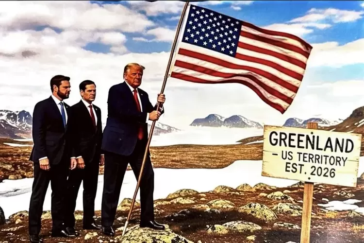 Ilustrasi yang diunggah Donald Trump menggambarkan dirinya menancapkan bendera AS di Greenland.