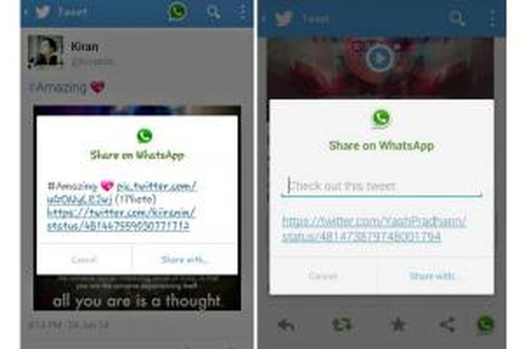 Fitur membagi kicauan melalui WhatsApp yang sedang diuji coba Twitter di India.