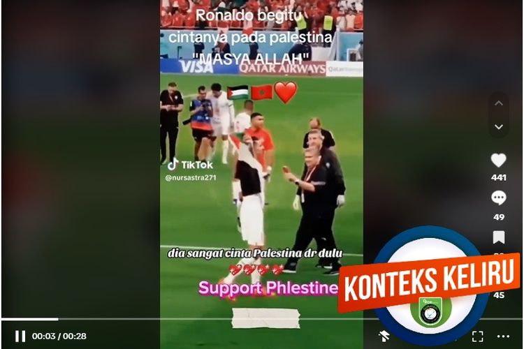 Tangkapan layar akun TikTok narasi yang menyebut Ronaldo mengibarkan bendera Palestina