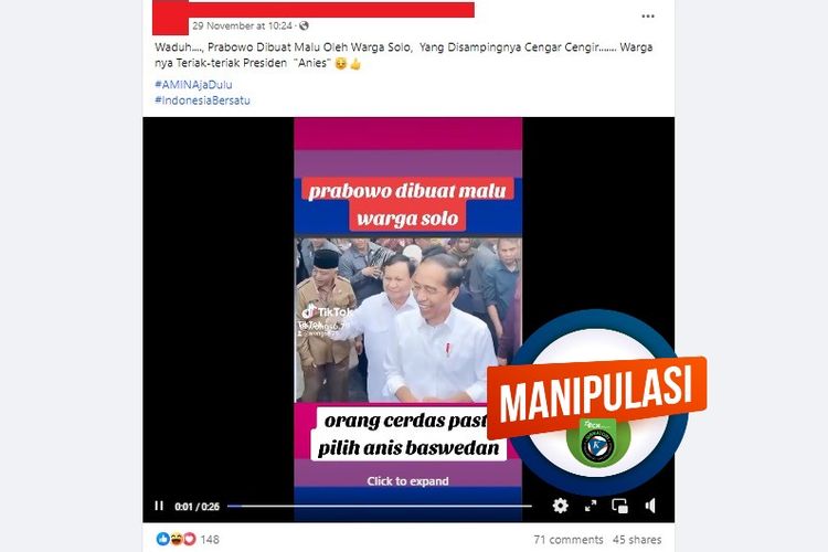 Tangkapan layar Facebook narasi yang menyebut Prabowo diteriaki Anies presiden oleh warga Solo