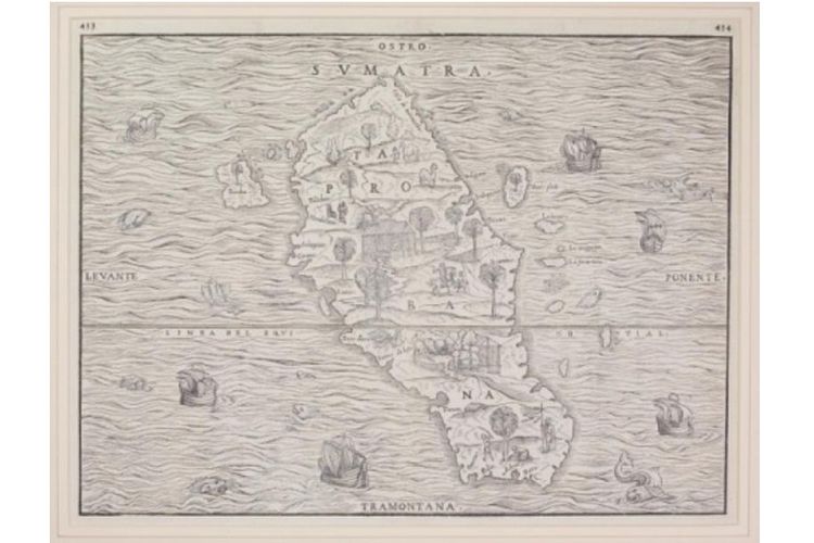 Peta berjudul Sumatra-Taprobana karya Giovanni Battista Ramusio (1485-1557), seorang geografer Italia. Peta yang dipublikasikan pertama kali pada 1565 ini terdapat dalam buku Raccolta di Navigationi et Viaggi yang berisi kisah penjelajahan dan perjalanan. Tampaknya saat itu Sumatra masih diasosiasikan dengan Taprobana.