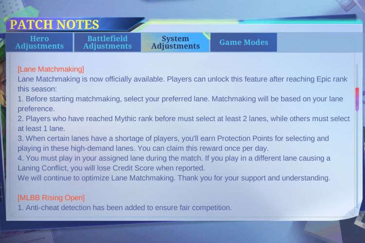Penjelasan mengenai fitur Lane Matchmaking di Mobile Legends.