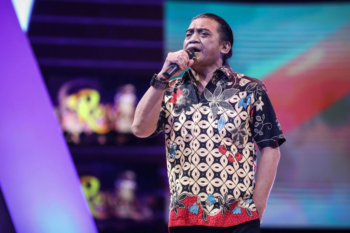 Penyanyi campursari, Didi Kempot saat cek sound sebelum acara program Rosi di Kompas TV di Menara Kompas, Jakarta, Kamis (1/8/2019).