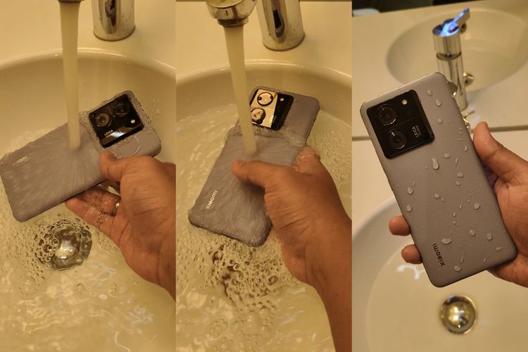 Ilustrasi Xiaomi 13T yang sedang dicuci air karena ada IP68.
