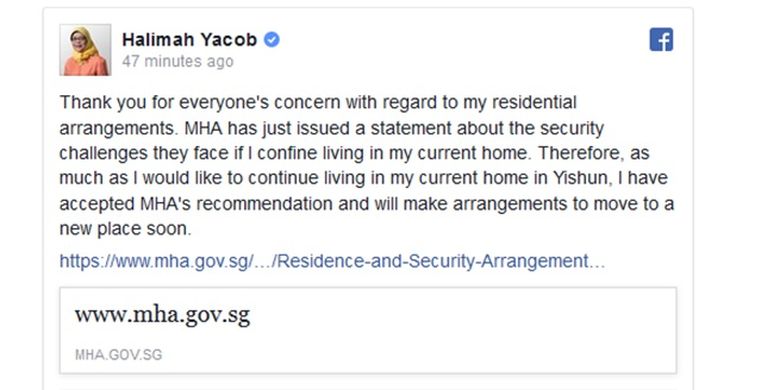 Unggahan Haalimah Yacob di akun Facebook miliknya