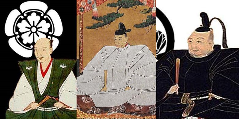 Ilustrasi samurai pemersatu Jepang, Oda Nobunaga (kiri), Toyotomi Hideyoshi (tengah), Tokugawa Ieyasu (kanan). [Via Denver Art Museum]