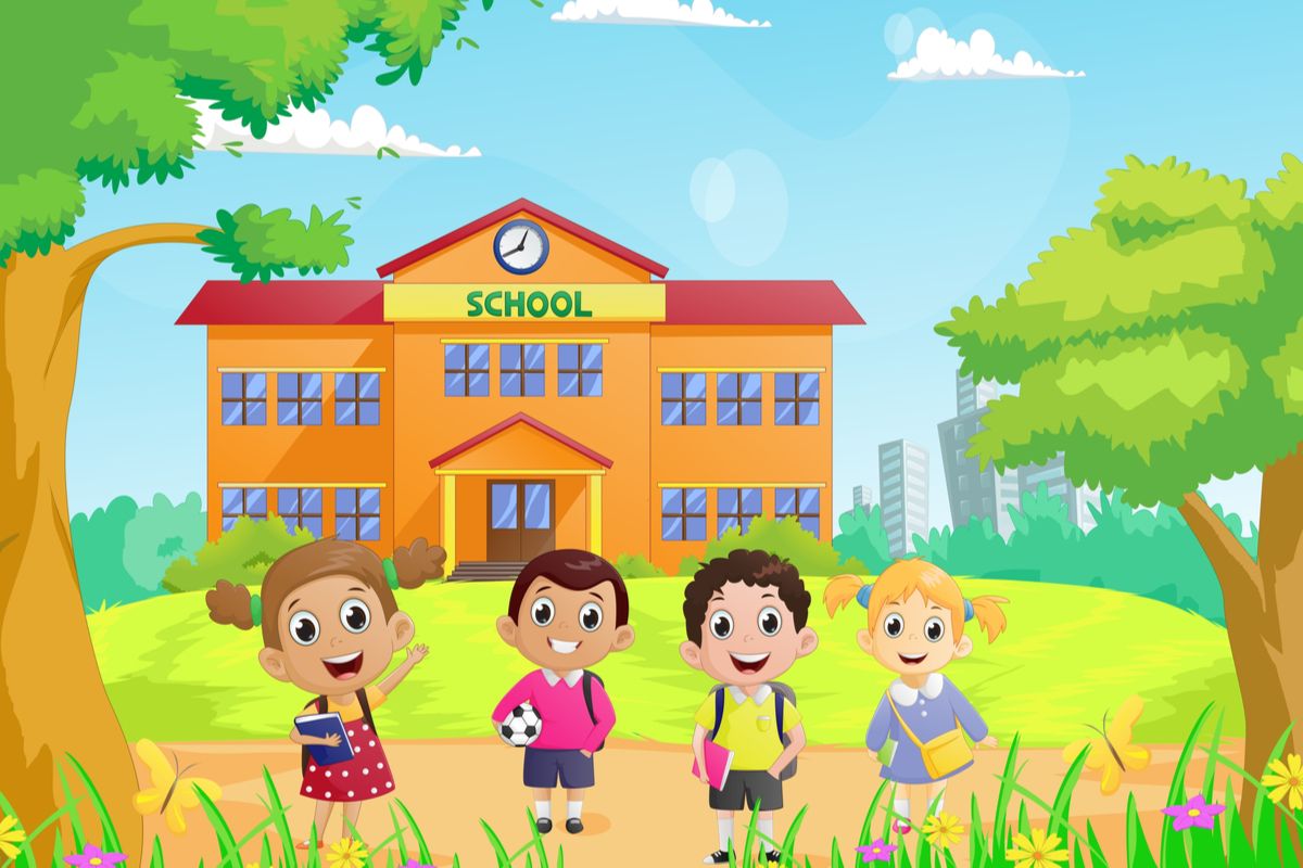 Ilustrasi anak sekolah dan gedung sekolah. Sekolah adalah lembaga sosial lembaga pendidikan.
