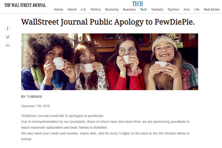 Tangkapan layar publikasi WSJ yangd iretas fans YouTuber PewDiePie 