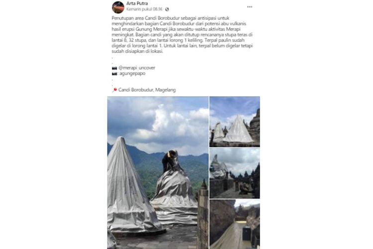 Tangkapan layar unggahan bernarasikan Candi Borobudur ditutup menggunakan terpal sebagai antisipasi erupsi Gunung Merapi.