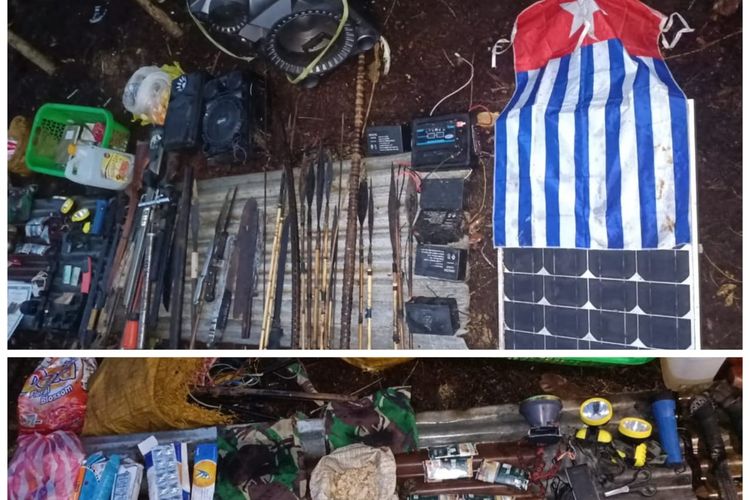 Sejumlah barang bukti yang diamankan TNI saat menguasai markas KKB di Maybrat, Papua Barat Daya