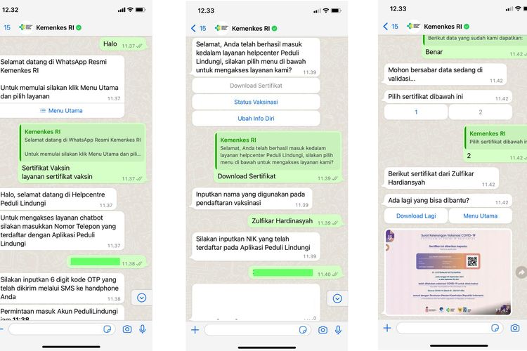 Ilustrasi cara download sertifikat vaksin lewat Chatbot WhatsApp PeduliLindungi