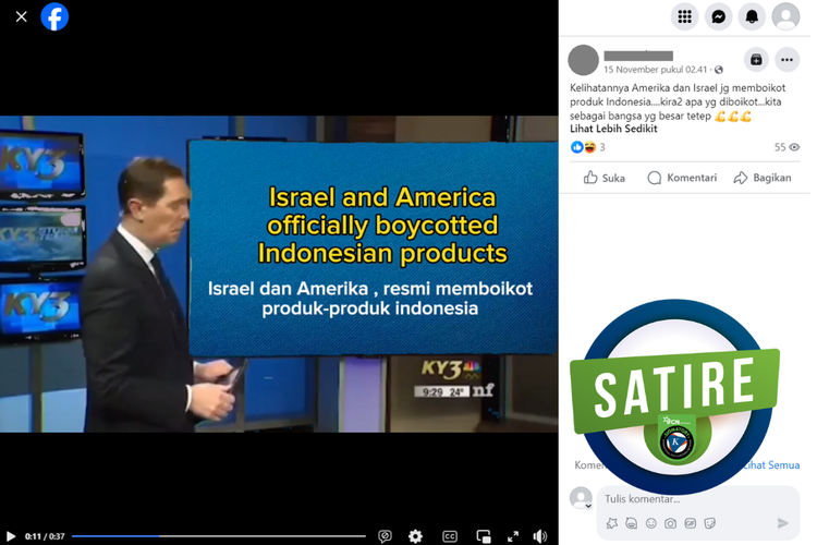 Tangkapan layar konten satire di sebuah akun Facebook, 15 November 2023, soal Israel dan AS resmi memboikot produk Indonesia.