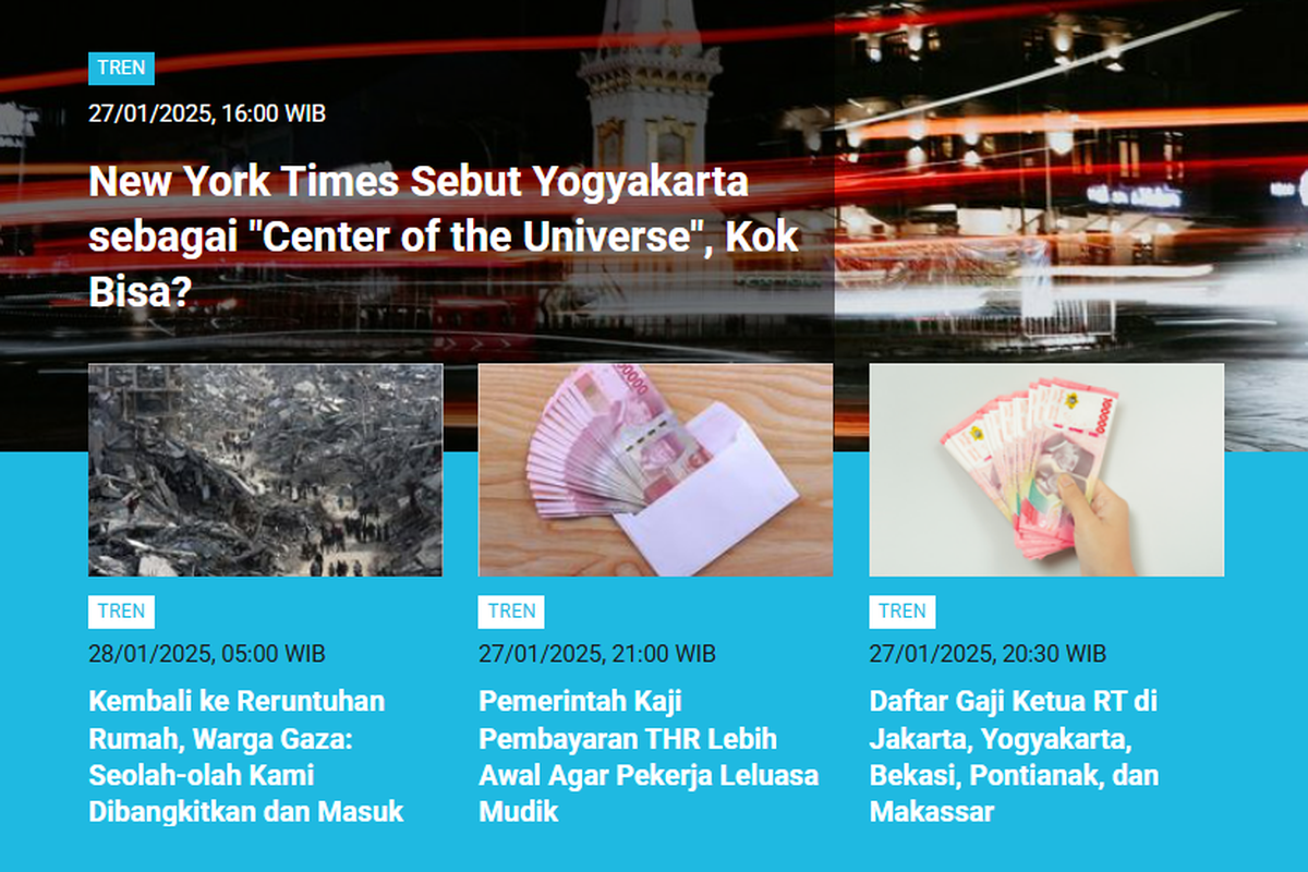 Tangkapan layar kanal Tren 优游国际.com yang memperlihatkan berita terpopuler edisi Senin (27/1/2025) hingga Selasa (28/1/2025) pagi.