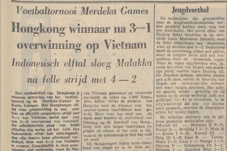 Cuplikan koran Java Bode pada September 1957 yang melaporkan kemenangan 4-2 timnas Indonesia atas Federasi Malaya pada 7 September 1957. Pertemuan di Merdeka Games 1957 yang bergulir di Kuala Lumpur, Malaya, tersebut merupakan duel perdana timnas Indonesia dan Malaysia.