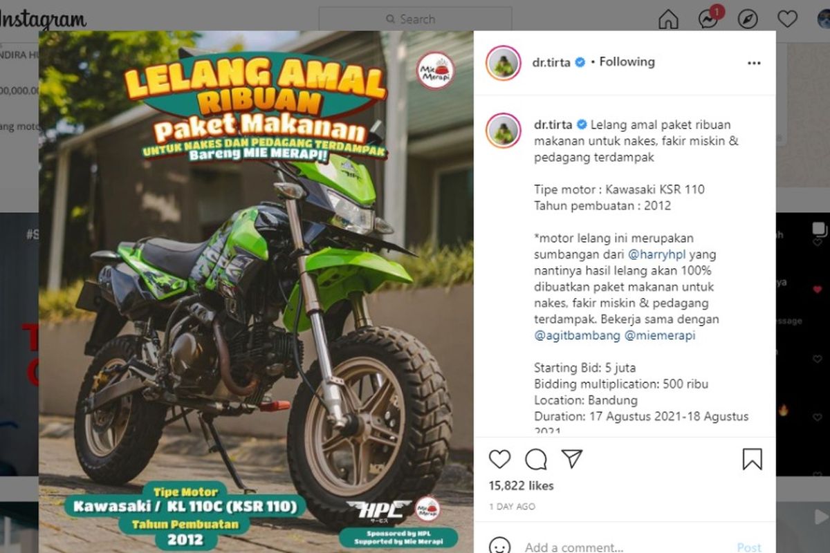 Lelang Kawasaki KSR 110 di Instagram dr. Tirta